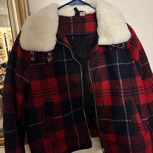 H&M felted plaid coat jacket with faux fur collar L